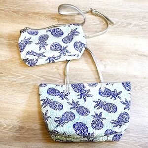 HAPPY WAHINE Tapa Pineapple Blue Vegan Leather Crossbody Bag W/ Tote Bag